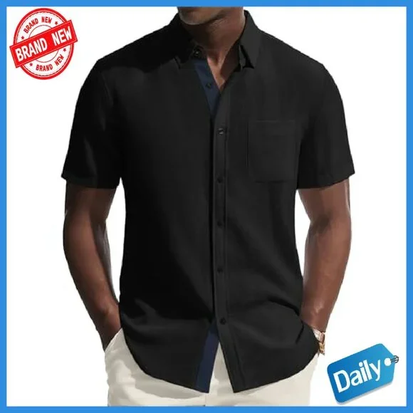 Men's Linen Blend Button Down Short Sleeve Shirt Casual Business Style - Picture 2 of 7